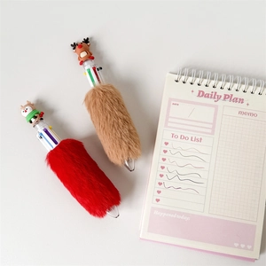 Christmas cartoon multicolor ballpoint pen with plush grip and elk owl toppers