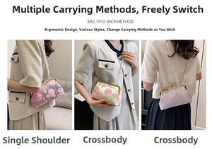 Detailed views of floral jacquard clutch bags with metal clasps and chain straps