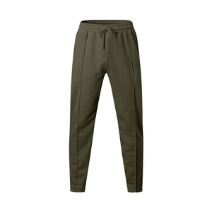 Detailed front view of olive green knit joggers with drawstring waist and stitched creases