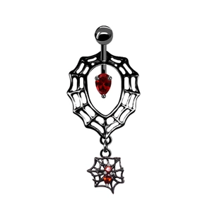 Macro detail of gothic black spider web belly ring with red teardrop zircon stones