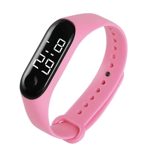 Pink silicone LED electronic watch with a clear digital display on a white background