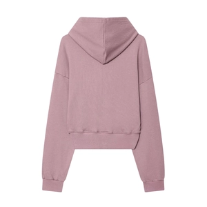 Vue arrière du sweat à capuche court rose violacé avec épaules tombantes et ourlet