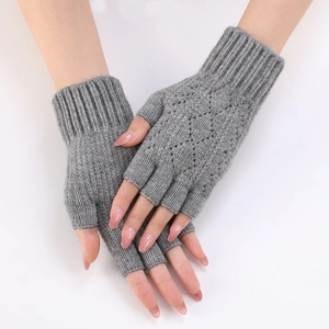 Grey knitted diamond hollow arm warmers with fingerless design and ribbed cuffs