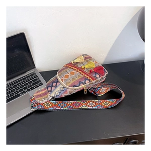 Detailed close-up of bohemian woven pattern with colorful fringe and gold zipper pull