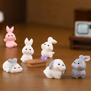 Set of 6 cute miniature resin bunny figurines for micro landscape desk decoration
