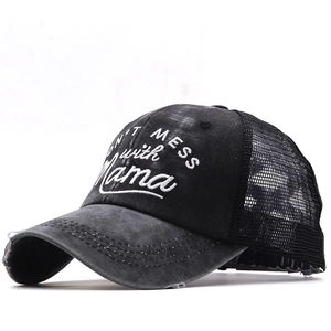 Distressed dark gray ponytail trucker hat with Don't Mess with Mama white embroidery