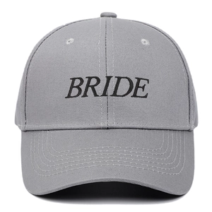 Gray baseball cap with black Bride embroidery in a classic six-panel cotton design