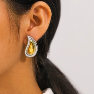 Two Tone Water Drop Stud Earrings Women 304 Stainless Steel 18K Gold Plated Waterproof Hypoallergenic Minimalist Jewel