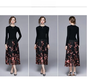 Detail of floral embroidery on black mesh tulle skirt with high-quality needlework