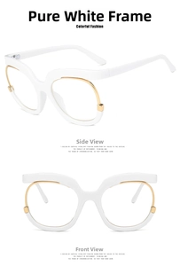 Detalle de montura de gafas blanca de gran tamaño con detalles dorados y lentes claras