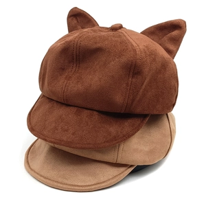 Women Cat Ears Newsboy Cap Suede Retro Solid Color Beret Hat Autumn Winter Warm Fashionable