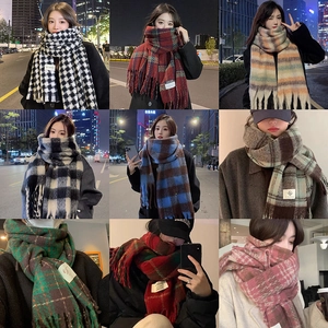Winter plaid mohair cashmere scarf with tassels for women in multiple stylish colors