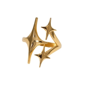 Minimalist gold plated stainless steel ring featuring overlapping star design on white background
