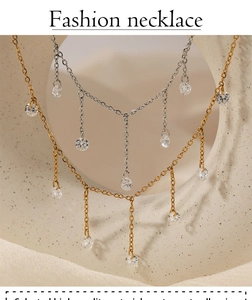 Macro shot of gold and silver tassel necklaces with sparkling cubic zirconia crystals