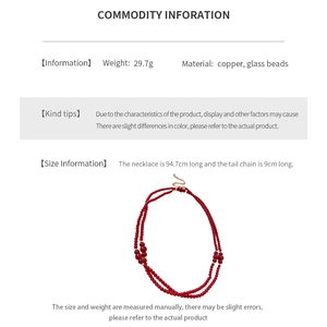Detailed size and material specification chart for the red glass bead layered necklace