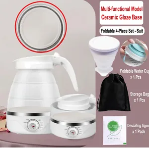Portable 4-piece foldable silicone electric kettle set with travel cup and storage bag
