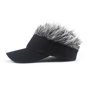 Side view of black novelty beanie with realistic grey hair wig decoration for men