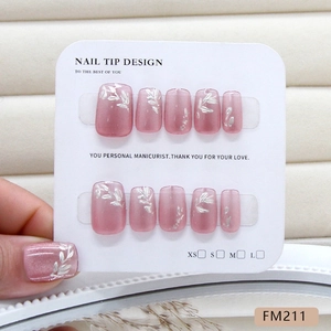 Pink cat-eye handmade press-on nails with silver leaf patterns and size options