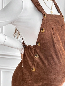 Brown corduroy maternity overalls with adjustable waist and side buttons for women