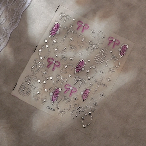 Detailed macro view of 5D silver and pink metallic bow nail stickers on a lace background