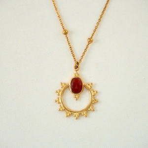 French vintage 14K gold plated necklace with red agate sunburst pendant and beaded chain
