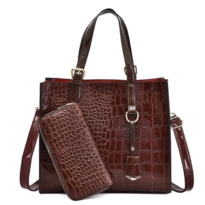 Deep brown crocodile texture handbag and matching wallet set for women stylish bags