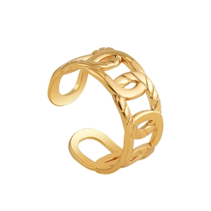 Detailed view of hollow chain link ring in gold finish with adjustable open band design
