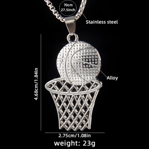 Hip hop silver basketball and hoop pendant necklace with stainless steel chain for sports fans