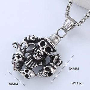 Silver titanium steel skull pendant necklace for men featuring a punk rock anchor design