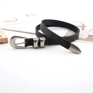 Women Skinny Belt PU Leather Alloy Pin Buckle Retro Silver Metal Tip Minimalist Korean Style All-Match Accessory For Jeans