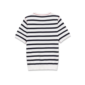 Classic black and white striped knit T-shirt with a round neck on white background
