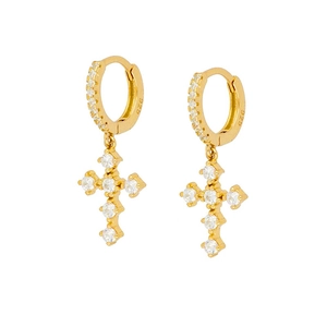 Detailed macro view of S925 sterling silver gold cross earring with white cubic zirconia