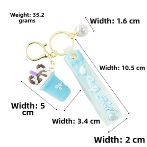 Detailed size specifications for light blue bubble tea keychain with silicone wrist strap