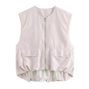 Close-up of pink sleeveless vest featuring metal zipper and pleated hem details
