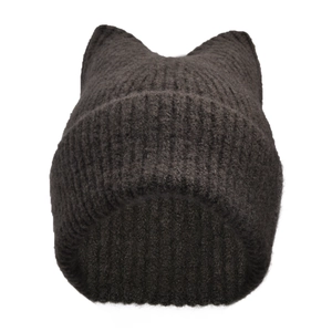 Detailed knit texture of dark brown cat ear beanie with thermal ribbed pattern