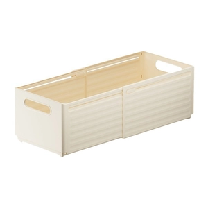 Extendable cream plastic storage bin with handles for kitchen cabinet organization