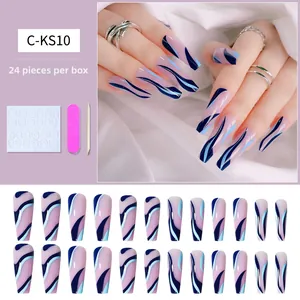 Détails de faux ongles ballerine longs avec vagues bleu et rose et kit d'outils