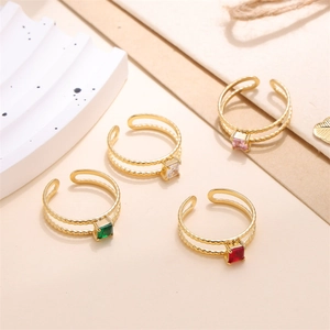 Set of four 18K gold plated stainless steel open rings with colorful square zircon stones