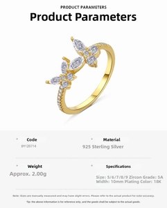Detailed technical specifications of a 18K gold plated S925 silver butterfly ring with zirconia