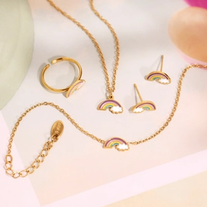 Parure bijoux dorée en acier inoxydable avec charmes arc-en-ciel pour enfants
