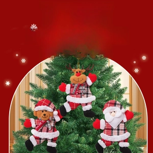 Detailed view of plush Santa, reindeer, and bear hanging ornaments for Christmas trees