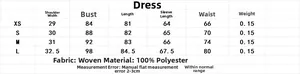 Tabella taglie dettagliata per abito in pizzo con misure XS-L e specifiche del materiale