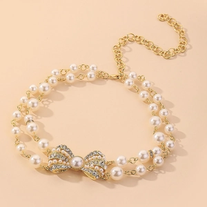 Collana Di Künstliche Perle A Doppio Strato Con Ciondolo A Fiocco In Strass Gioielli In Catena Di Lega Dorata Retrò Elegante