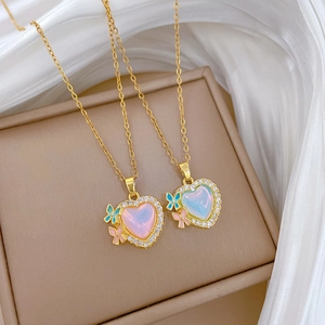 Heart Pendant Necklace Butterfly Decor Iridescent Stone Inlaid Titanium Steel Copper Luxury Jewelry For Women