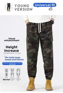 Detail of men's camouflage cargo pants showing side pockets and elastic ankle cuffs