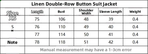 Guide des tailles détaillé pour blazer en lin à double boutonnage avec mesures précises