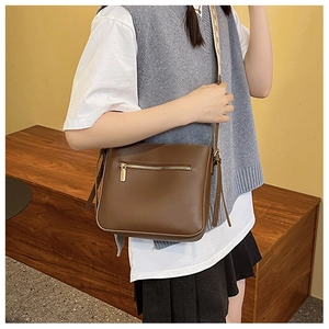 Close-up of brown leather tote with front zipper and patterned woven strap detail