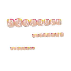 Glossy square press-on toenails featuring pink gradient French tips and white hibiscus flowers