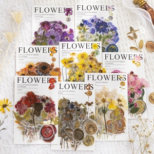 Dried flower stickers in diverse colors with retro wax seal design for scrapbooking