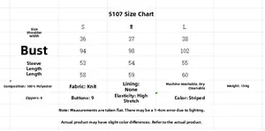 Size chart for striped crewneck long sleeve knit cardigan showing S, M, L measurements